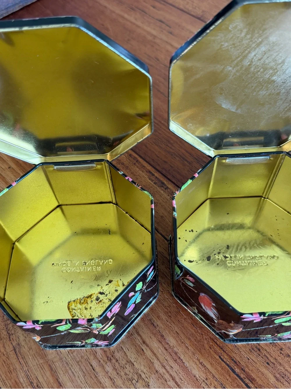 Vintage Octagonal Black Bird Trinket Box - Pair England Tea Tins
